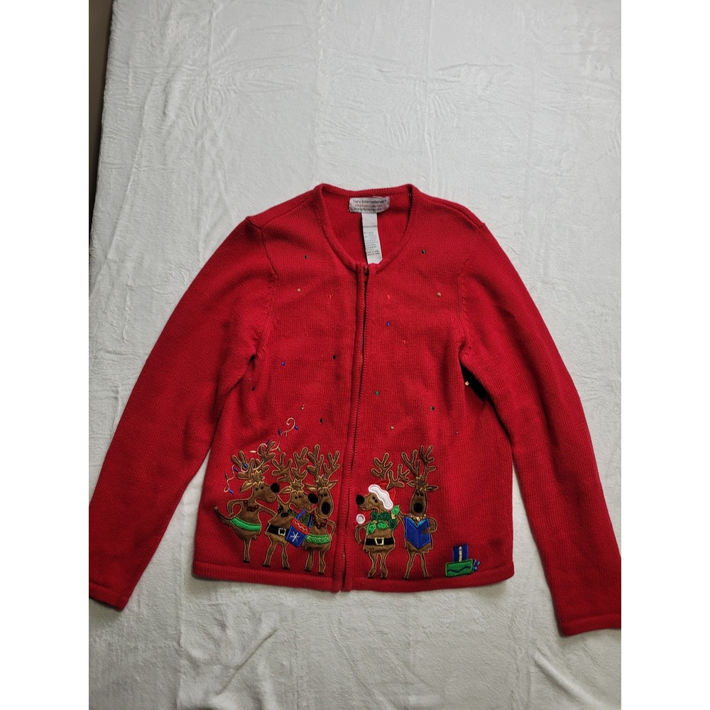 Tiara International Cardigan Women Medium Red Reindeer Ugly Christmas Zip